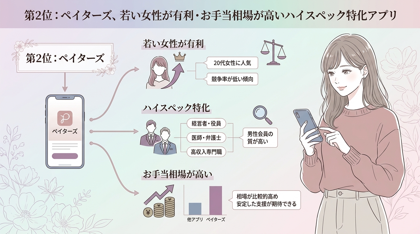 第2位：ペイターズ、若い女性が有利・お手当相場が高いハイスペック特化アプリ