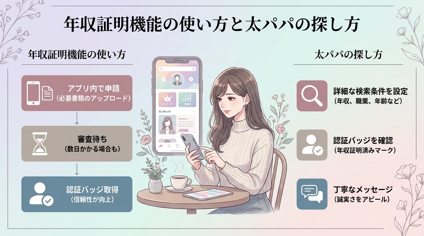 年収証明機能の使い方と太パパの探し方